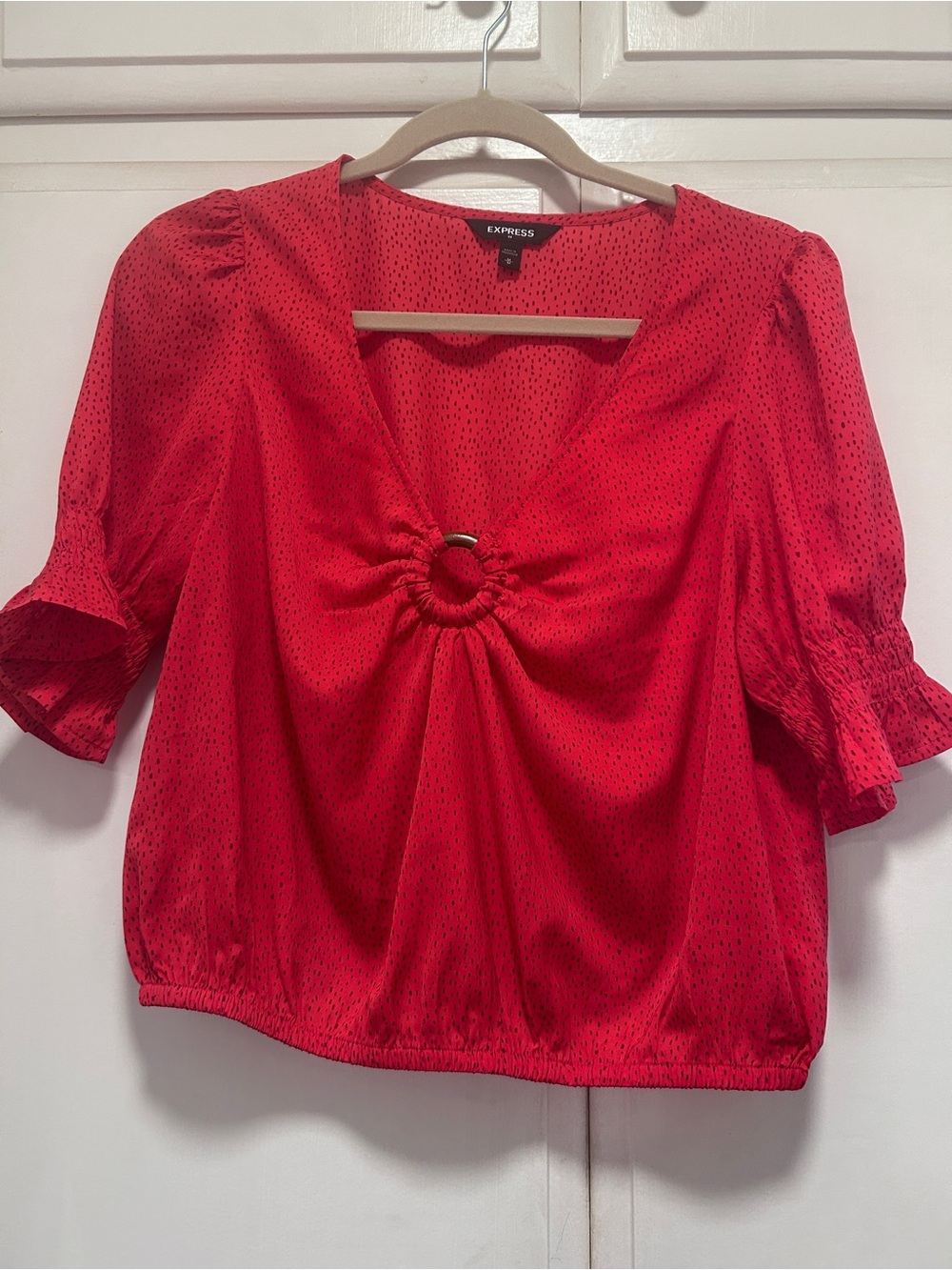Express Red V-Neck Ring-Front Blouse